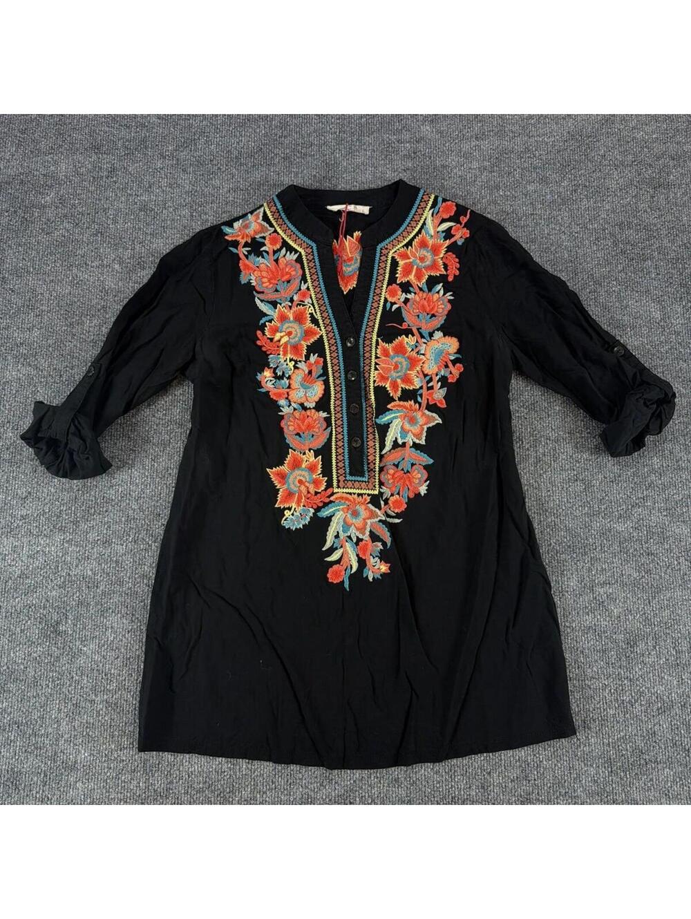 Solitare Black Tunic with Colorful Floral‎ Embroidery M - Casual, Festival, Boho